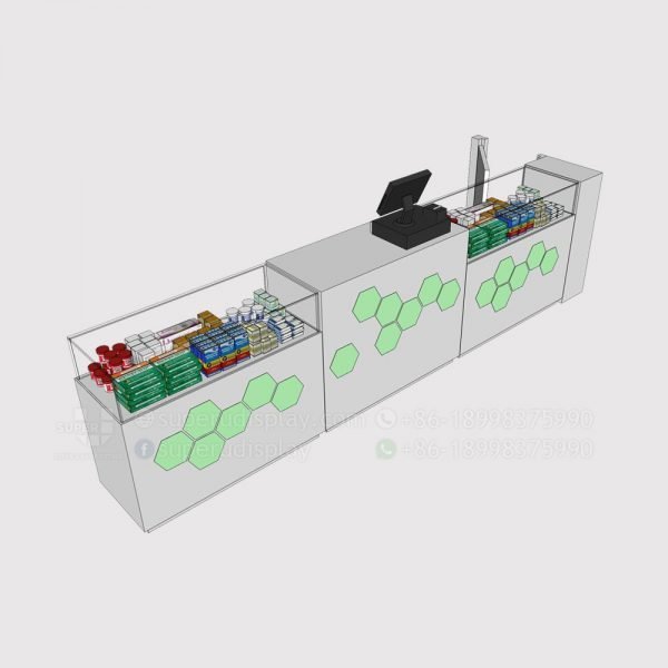 Pharmacy Prescriptions Counter with Glass Cabinet
