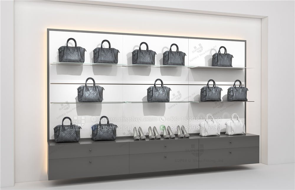 Custom Fashion Wall Glass Purse Display Shelves With Drawer & Backlight for  Retail Shop, Store Display Design Manufacturer Suppliers