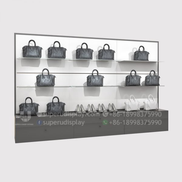 Fashion Wall Glass Purse Display Shelves With Drawer & Backlight