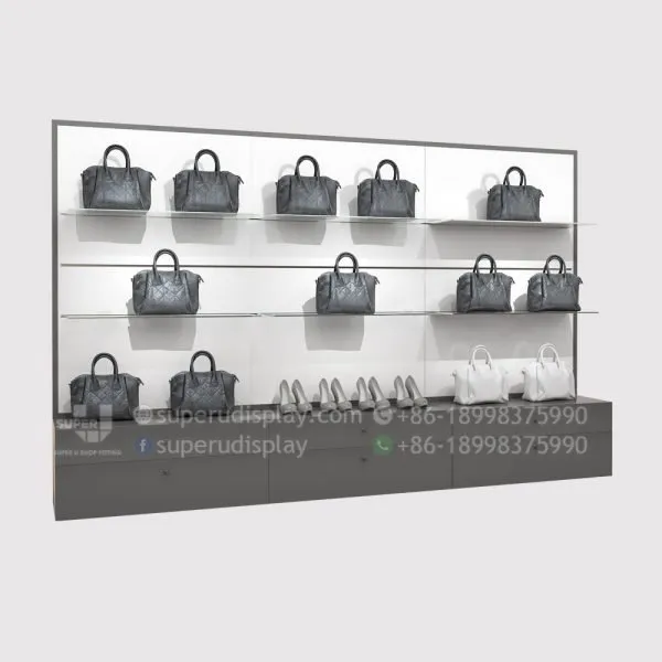 Fashion Wall Glass Purse Display Shelves With Drawer & Backlight