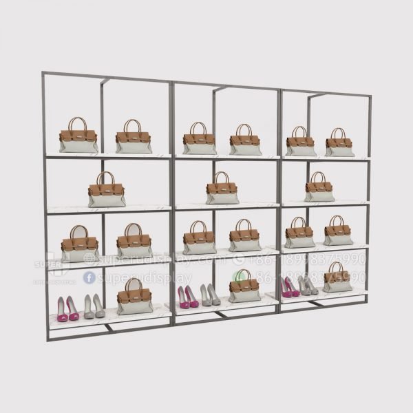 Fashion Wall Mounted Modular Metal Ladies Retail Bag Display Rack With Marble Shelf