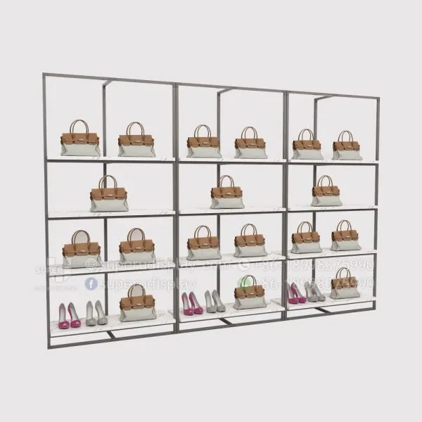 Fashion Wall Mounted Modular Metal Ladies Retail Bag Display Rack With Marble Shelf