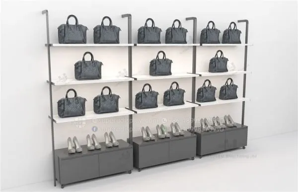 Fashion Wall Mounted Modular Metal Retail Purse Display Rack With LED Bar Light and Cabinet - Image 2