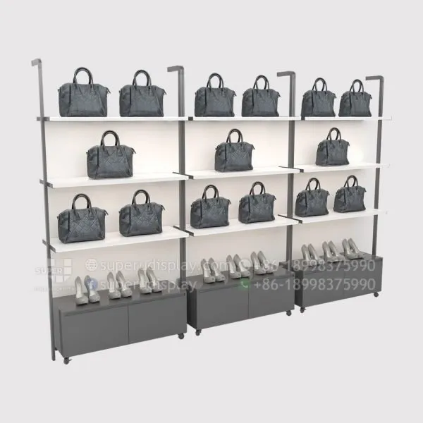 Fashion Wall Mounted Modular Metal Retail Purse Display Rack With LED Bar Light and Cabinet