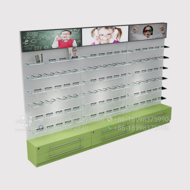 Custom Glass Optical Wall Mount Display Shelf with Storage Manufacturer