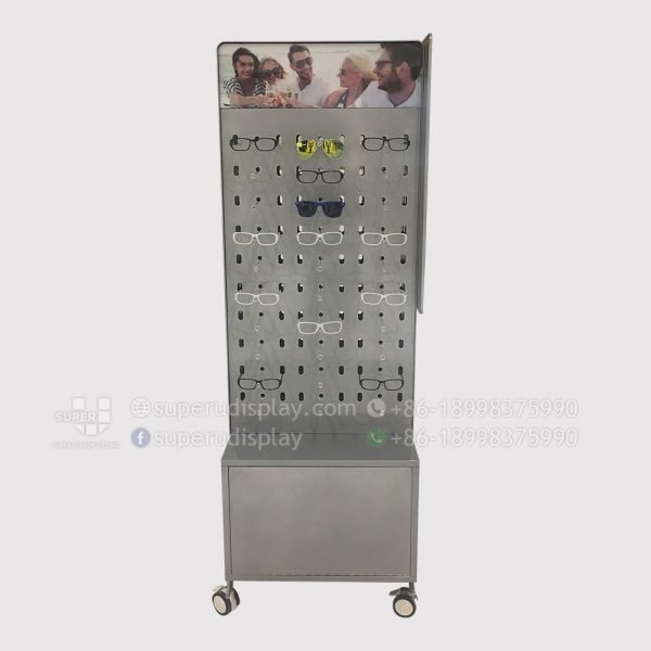 Mobile Metal Floor Rotating Sunglass Display Rack Stand with Storage and Lights