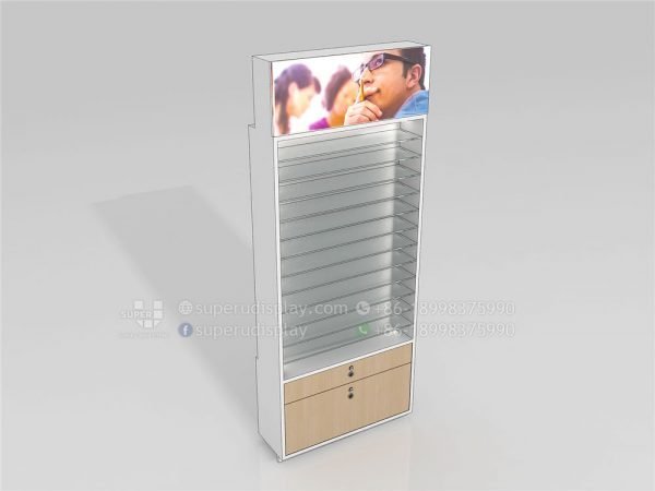 Wall Stand Locking Sunglass Shelf Display with Storage Drawers and Back Lights - Image 2