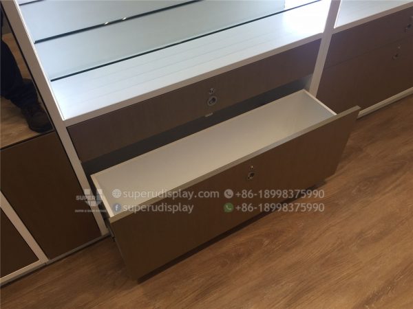 Wall Stand Locking Sunglass Shelf Display with Storage Drawers and Back Lights - Image 4
