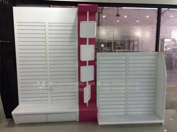 Wall Stand MDF Slatwall Panel Snack Display Stands Showcase with Storage - Image 5
