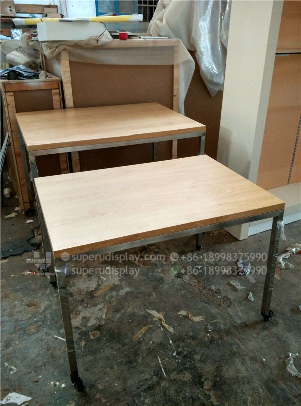 Metal and Wood Mobile Bag Shop Display Table with Wheels - Image 3